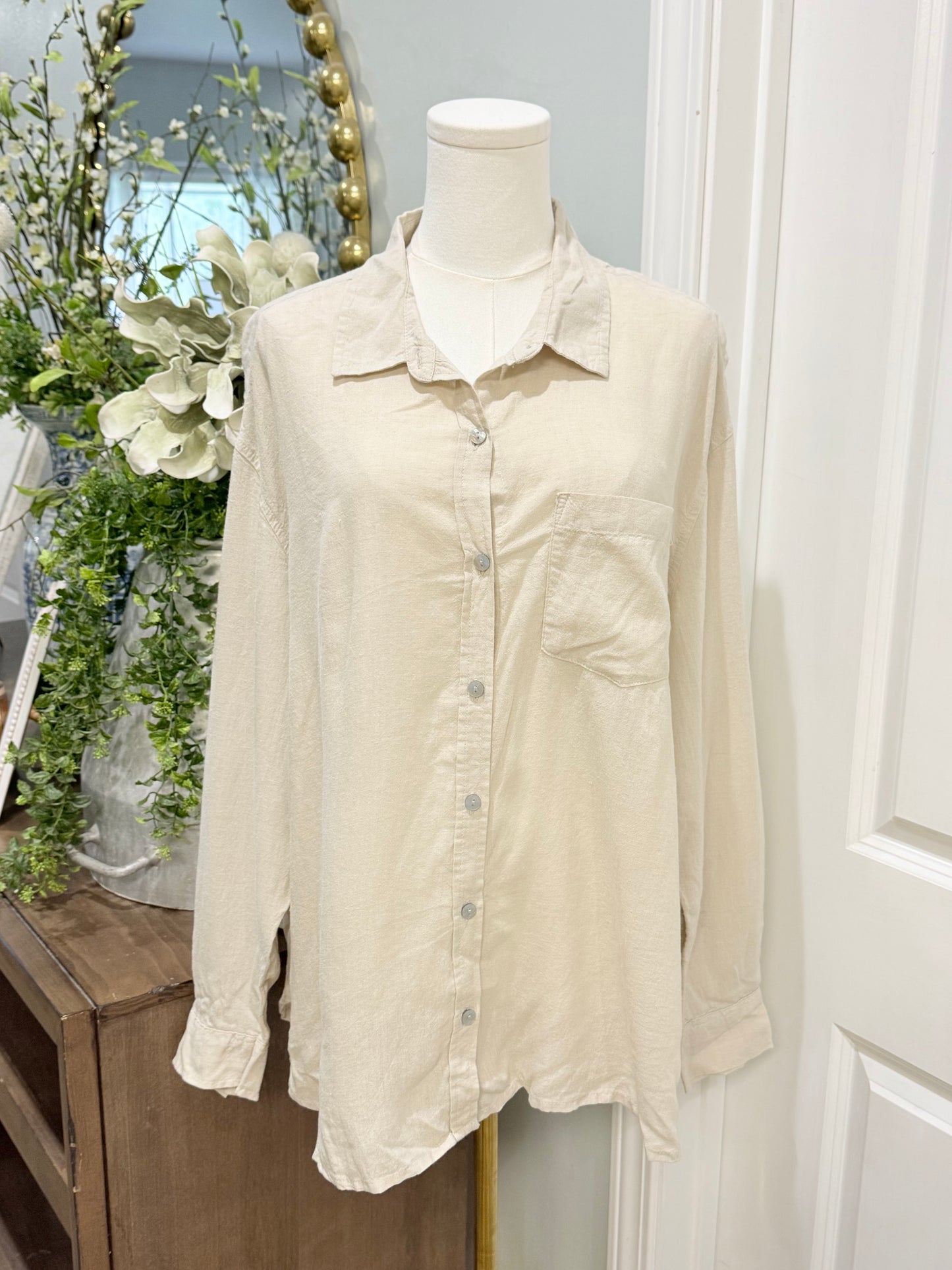 Womens Khaki Linen Button Down Size XL EUC