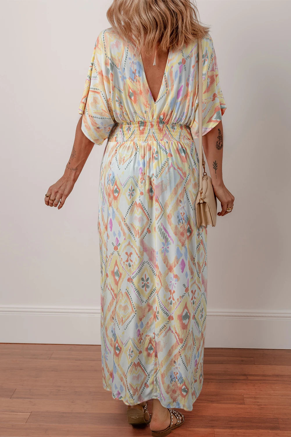 Womens Geometric Print Half Sleeve Shirred High Waist Maxi Dress M-XL