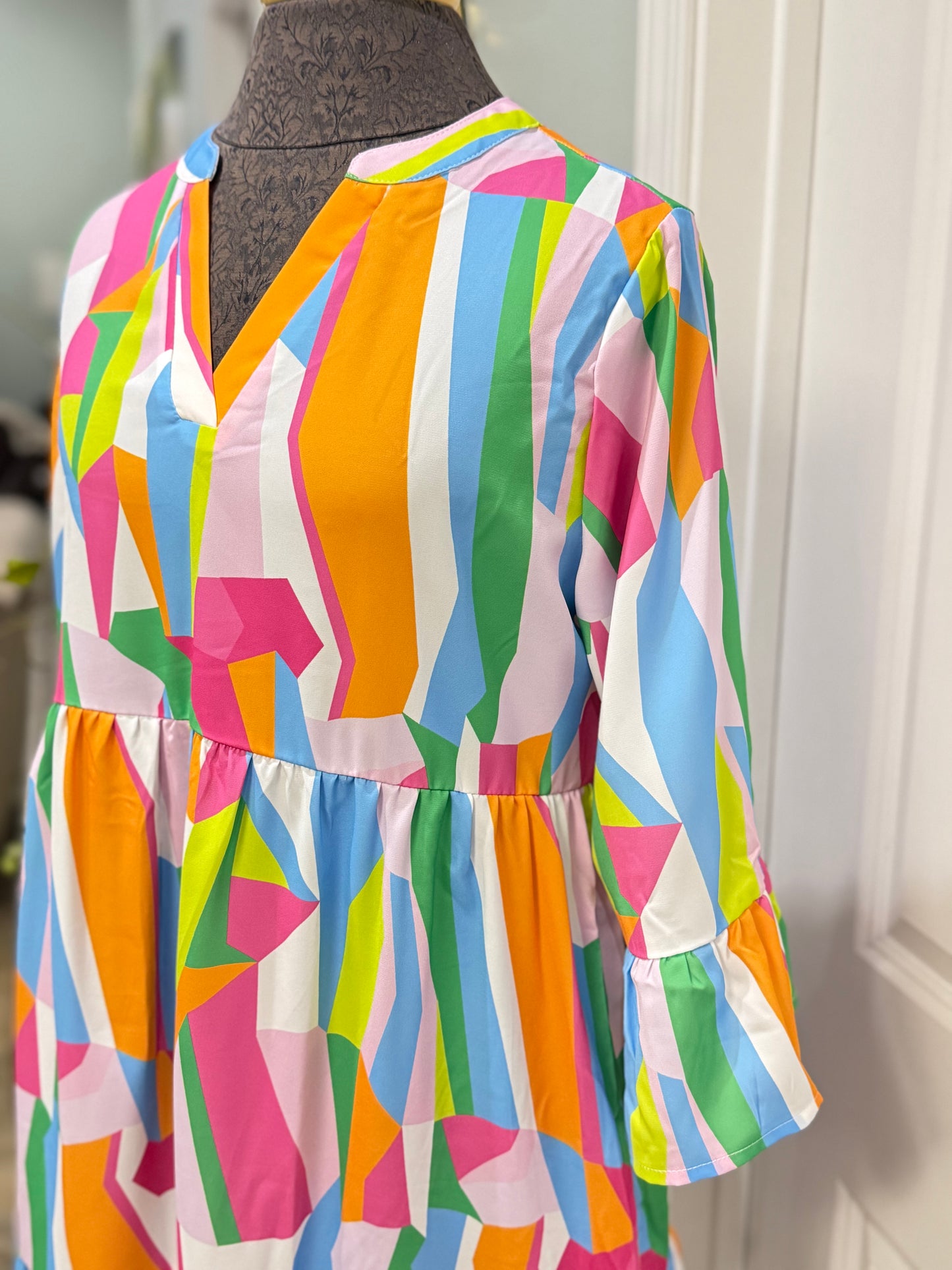 Womens Abstract Vneck Ruffle Dress S-XL NEW