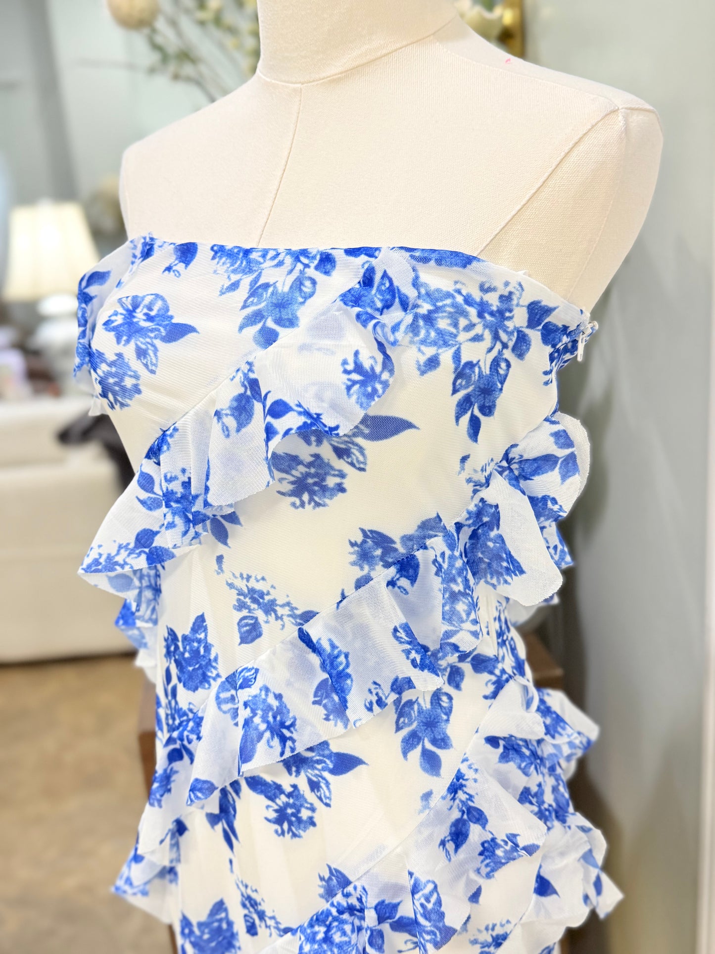 Womens Strapless Blue & White Floral Dress Large NWOT