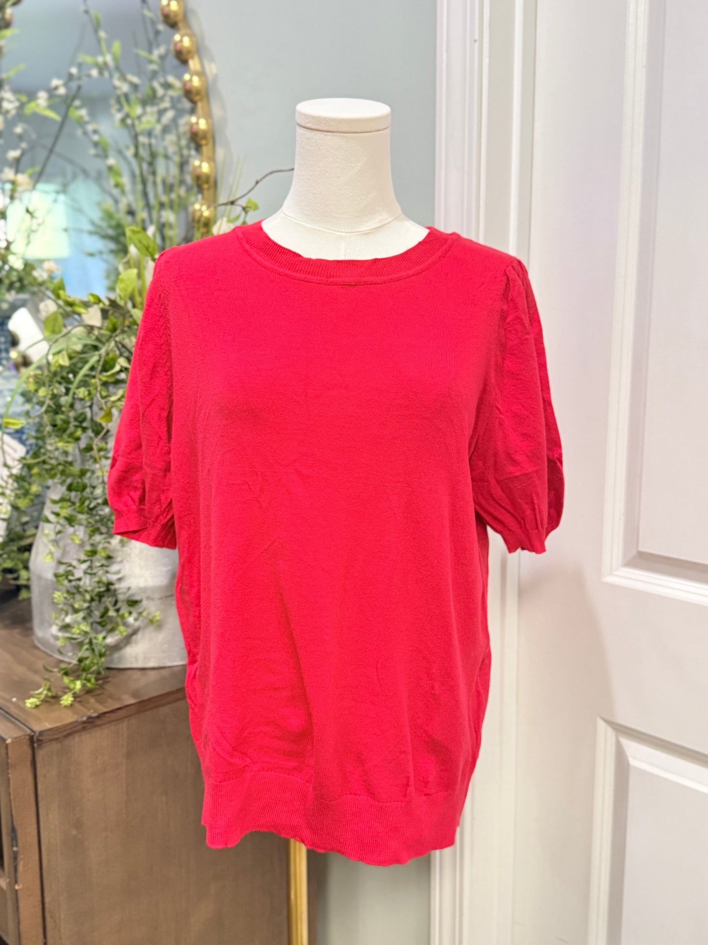 Womens Red Puff Sleeve Blouse XL EUC