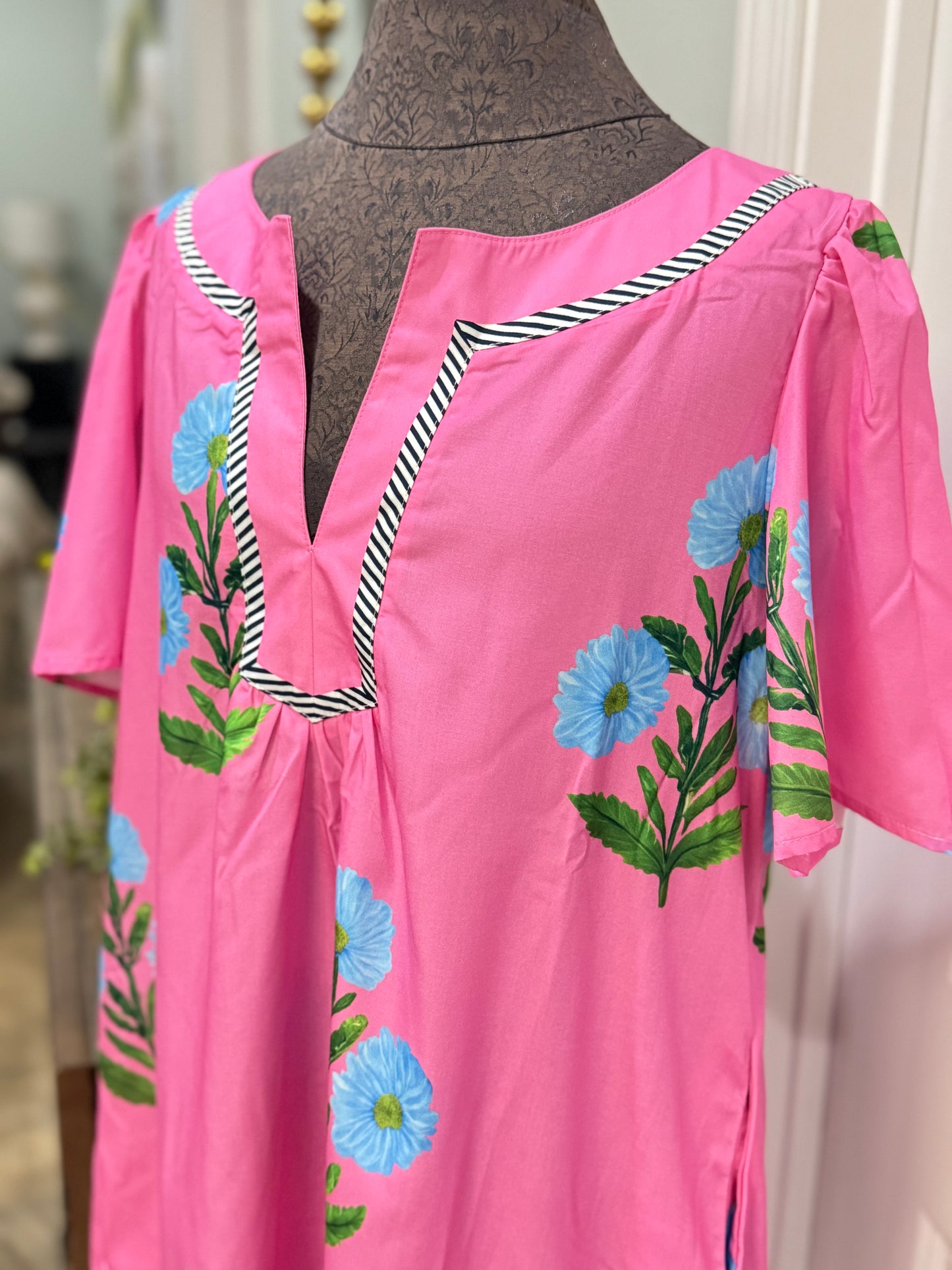 Womens Rose Floral Short Sleeve Loose Mini Dress Medium & Large NEW