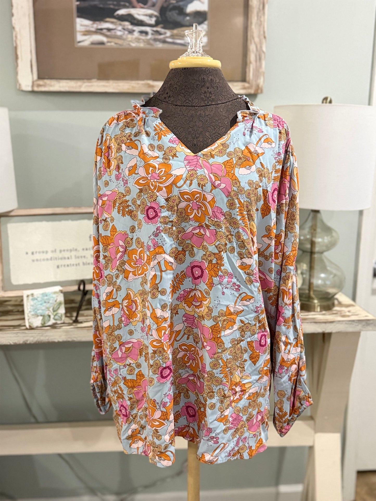 Womens Floral Peasant Blouse XL