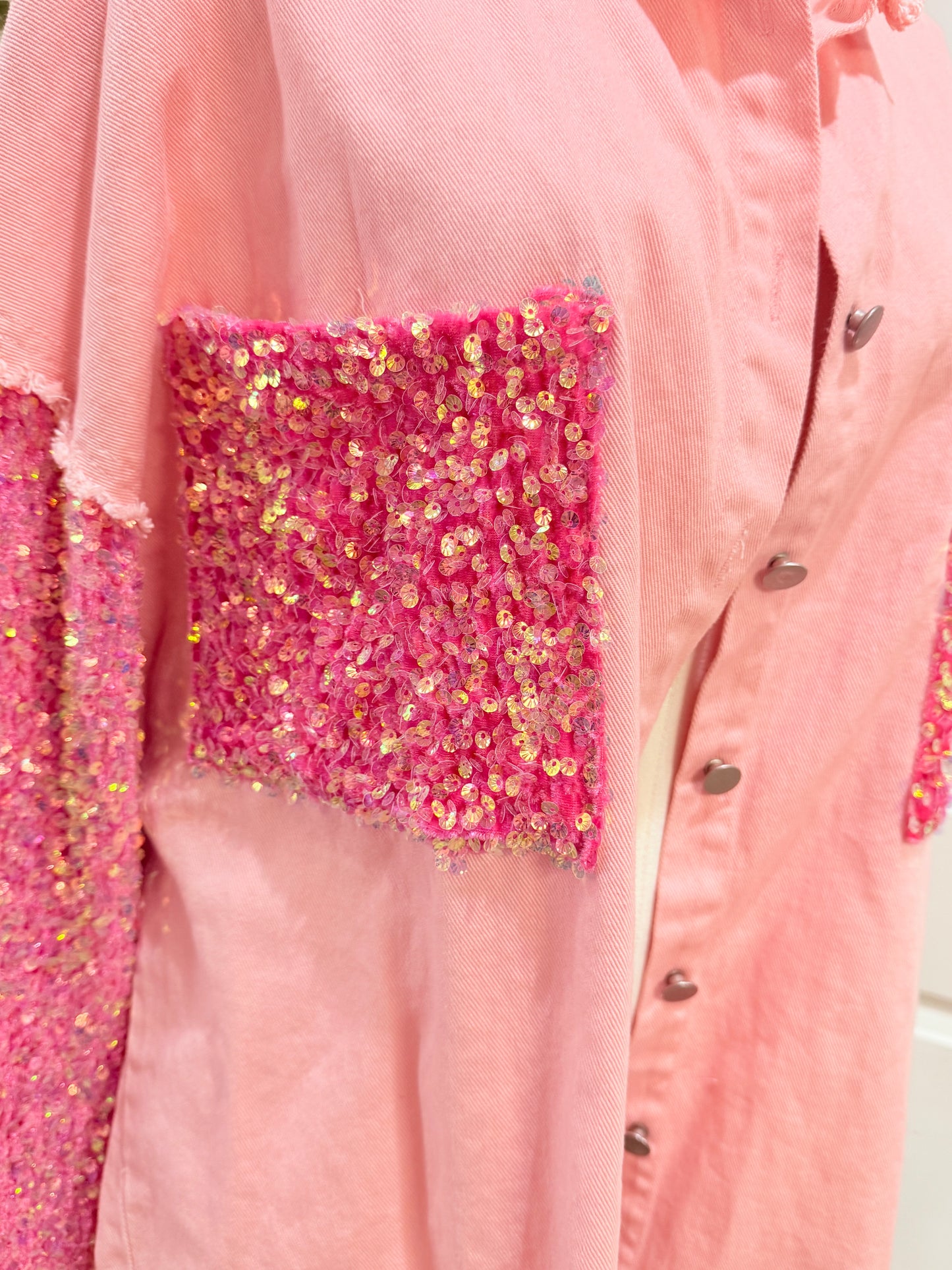 Womens Pink Denim Jacket with Sequin Sleeves Small EUC