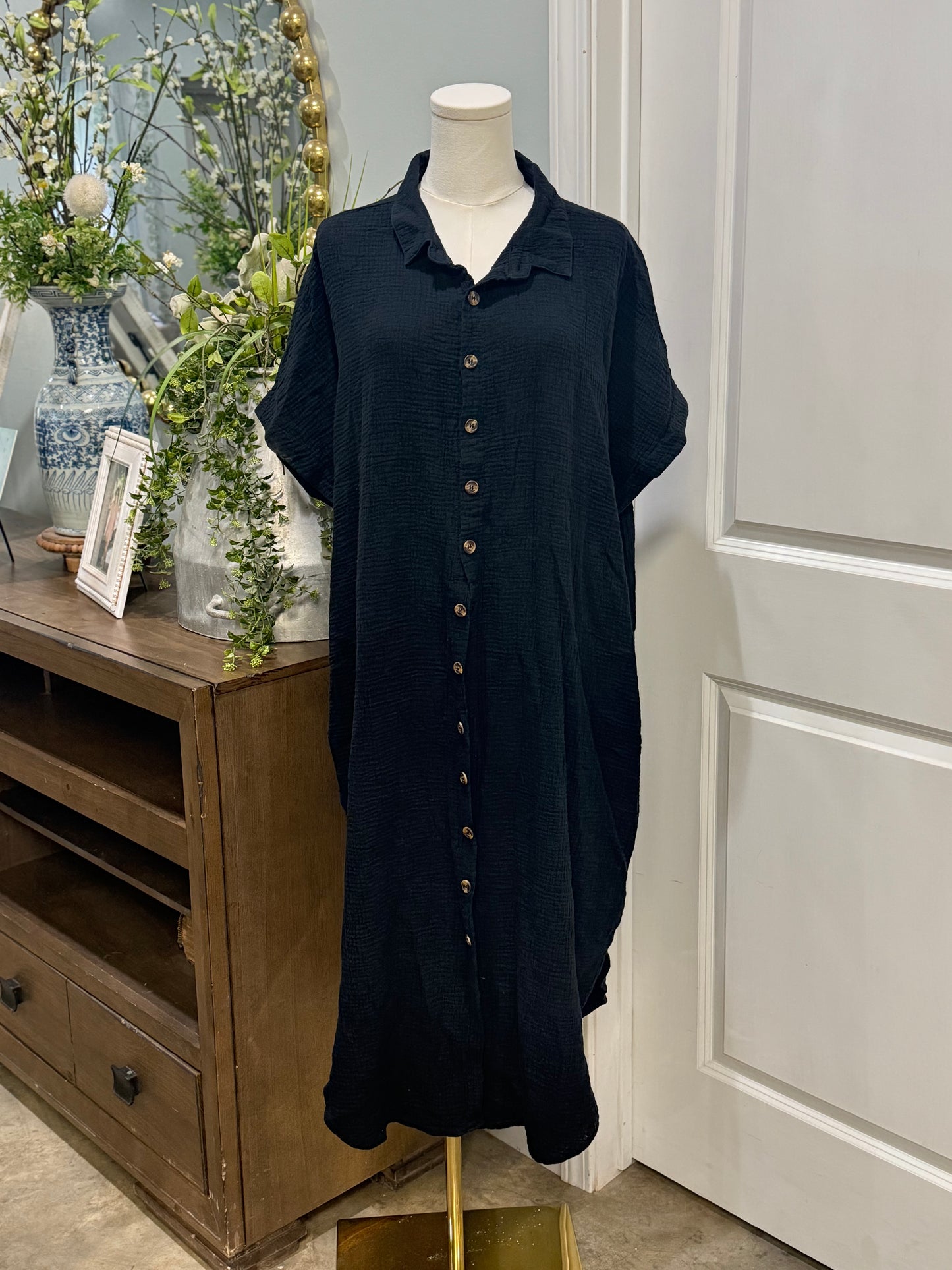 Womens Black Gauzy Button Down Dress 2XL