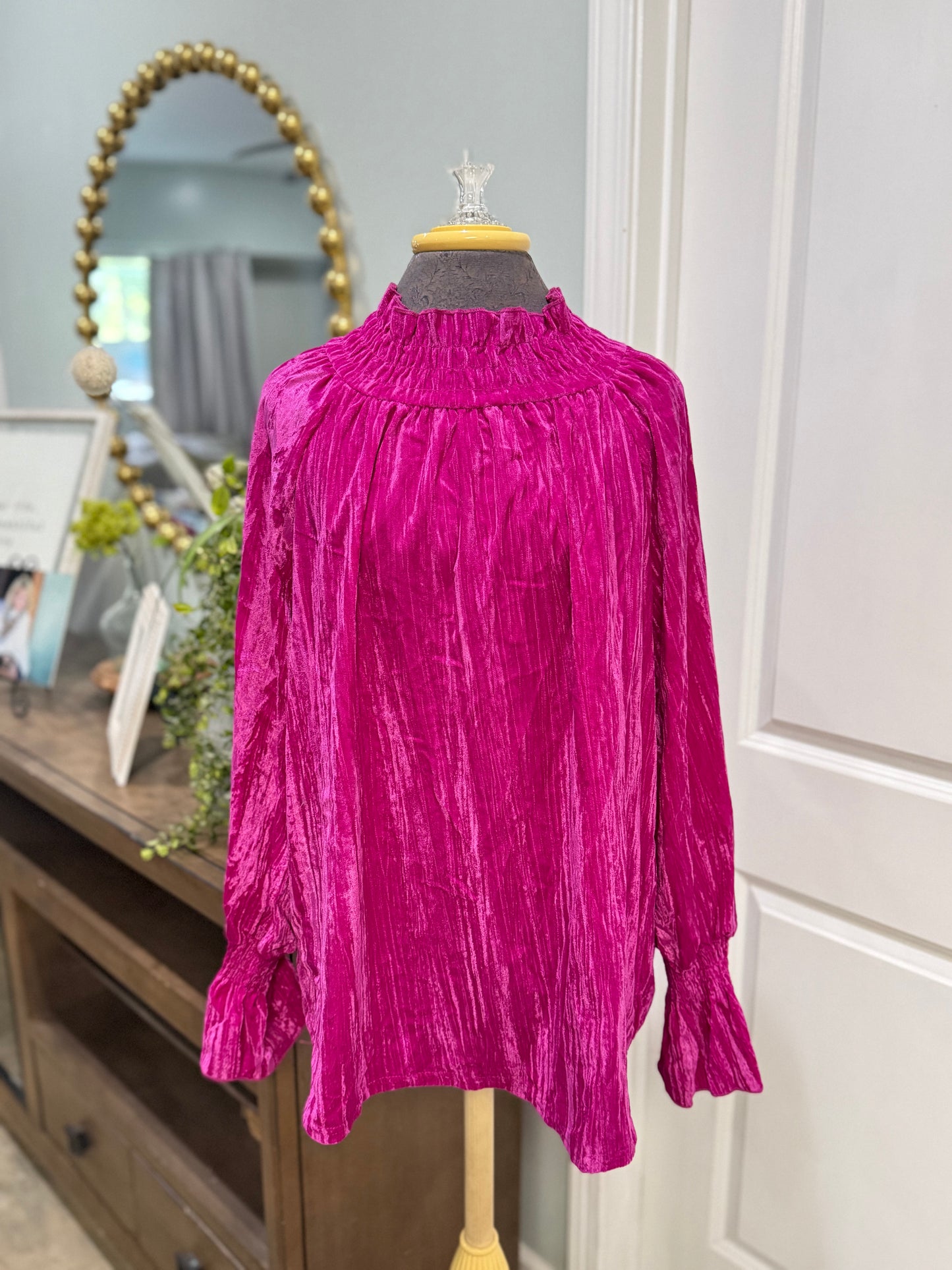 Womens Pink Velvet Smocked Blouse Large EUC