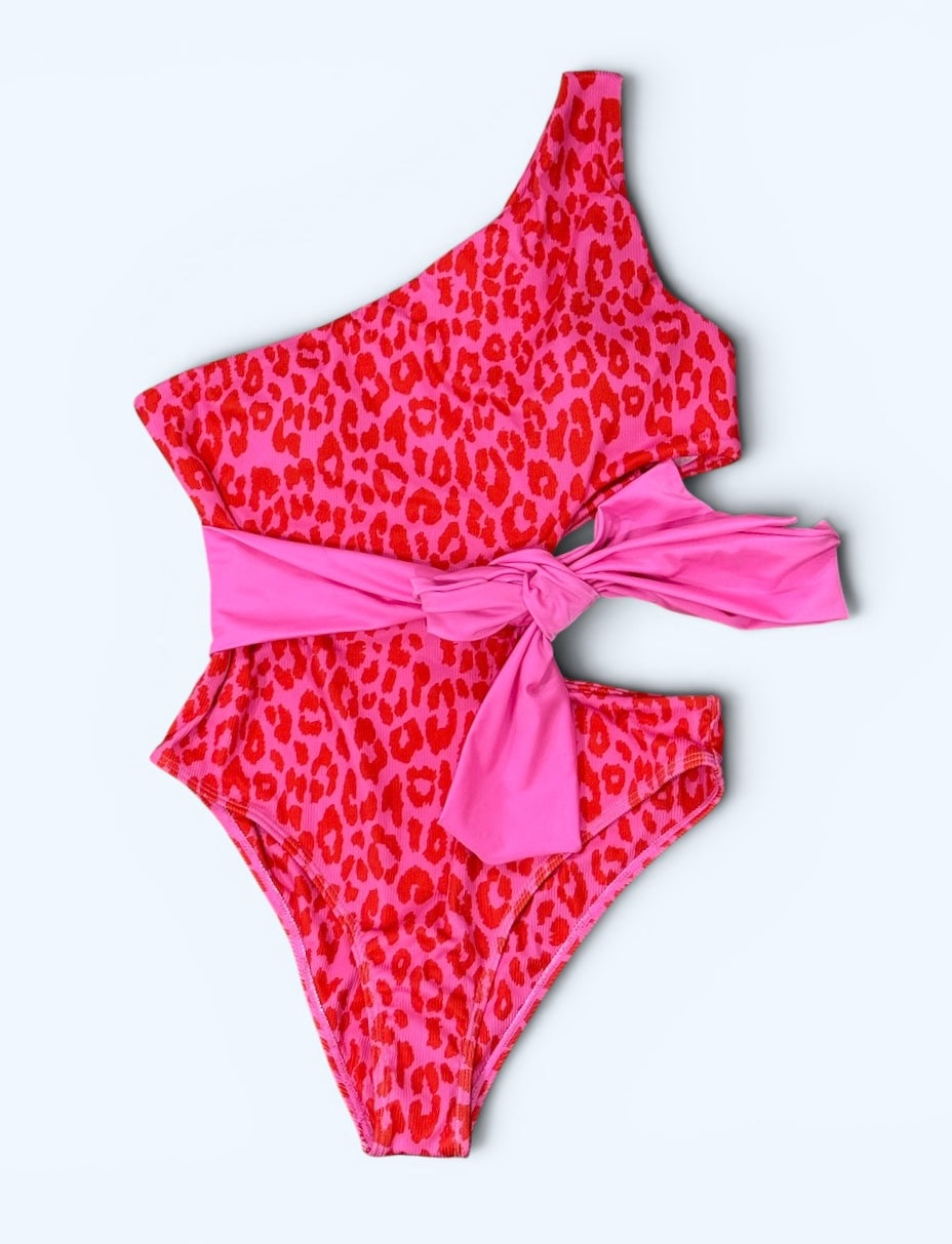 Womens Pink Lily Leopard One Piece Swimsuit Large EUC