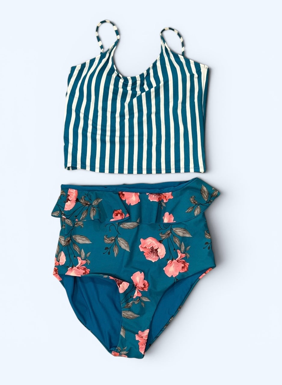Womens Teal Coral Reef 2pc Swimsuit Large EUC