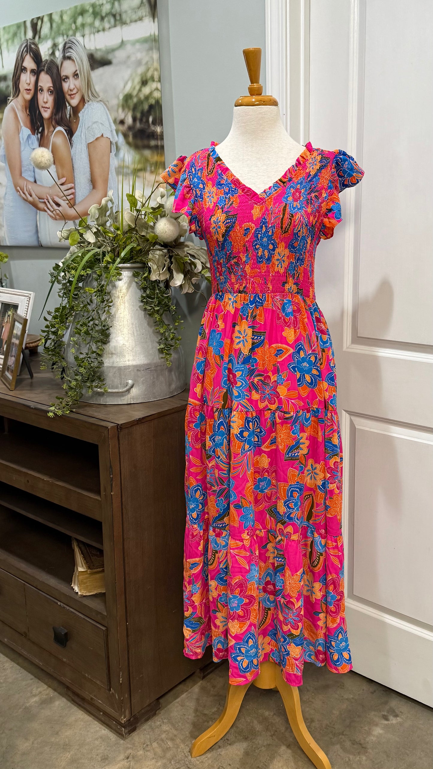 Womens Smocked Floral Maxi Dress Size Medium