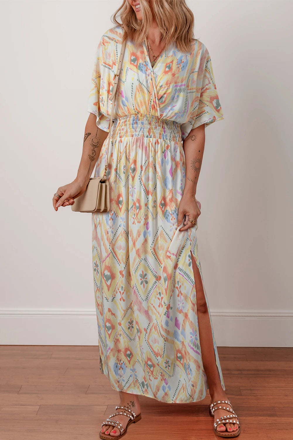 Womens Geometric Print Half Sleeve Shirred High Waist Maxi Dress M-XL