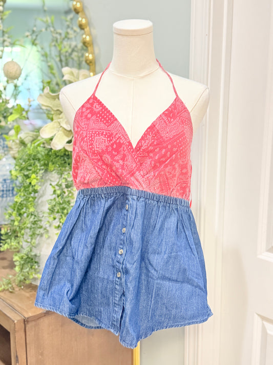 Womens Easel Bandana & Denim Blouse Large NWT