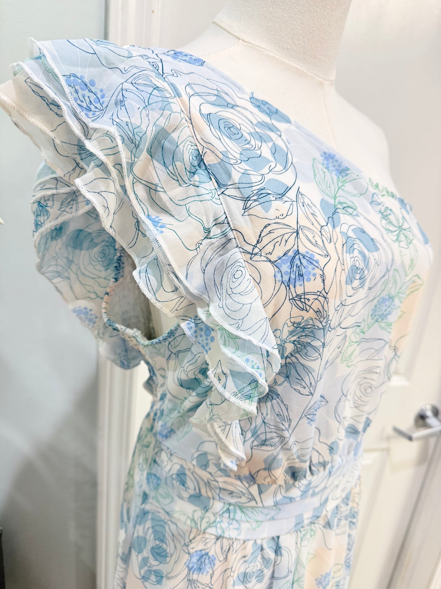 Womens Blue Floral Smocked One Shoulder Dress Large NWT