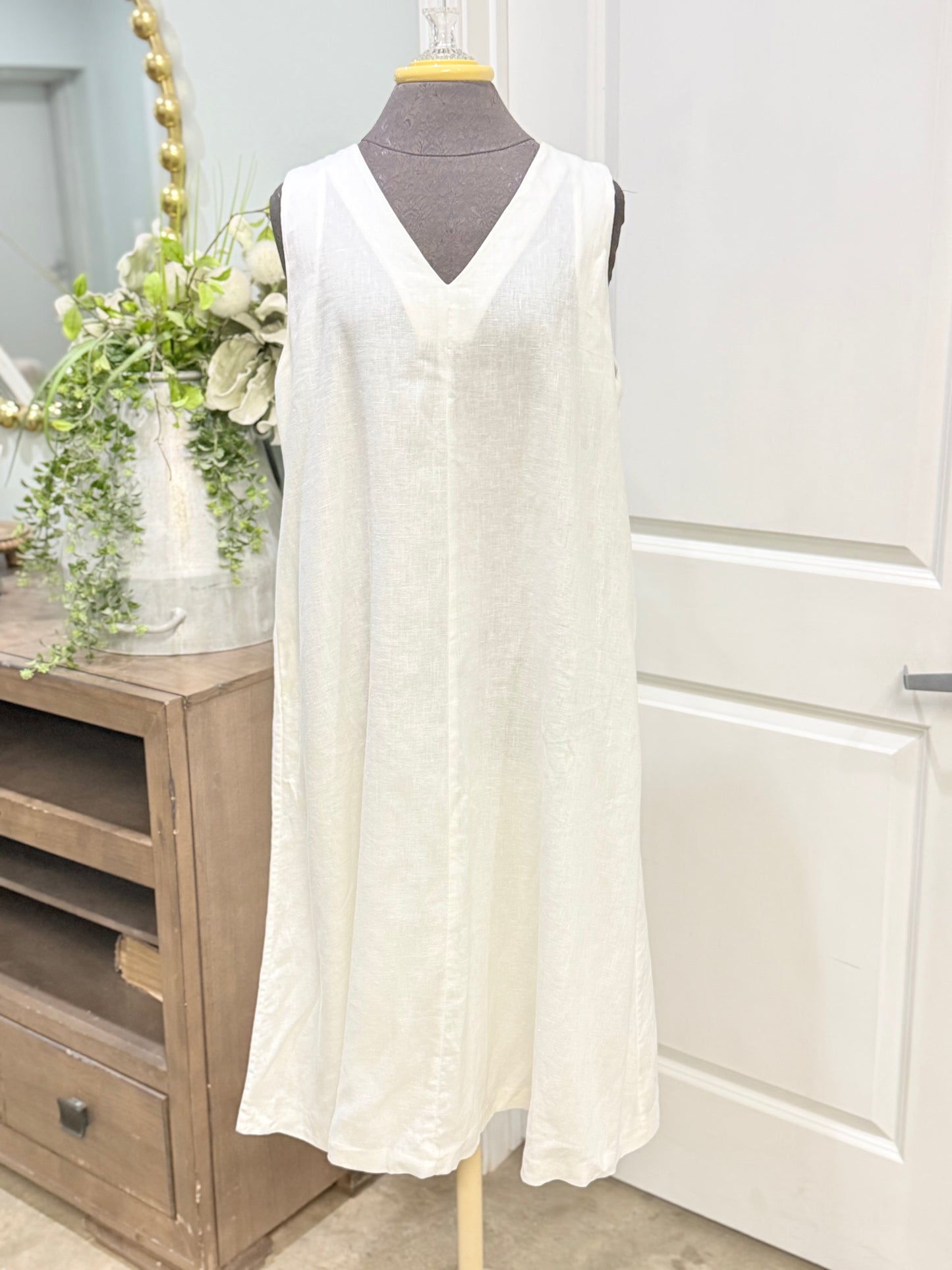 Womens White 100% Linen Dress Large EUC