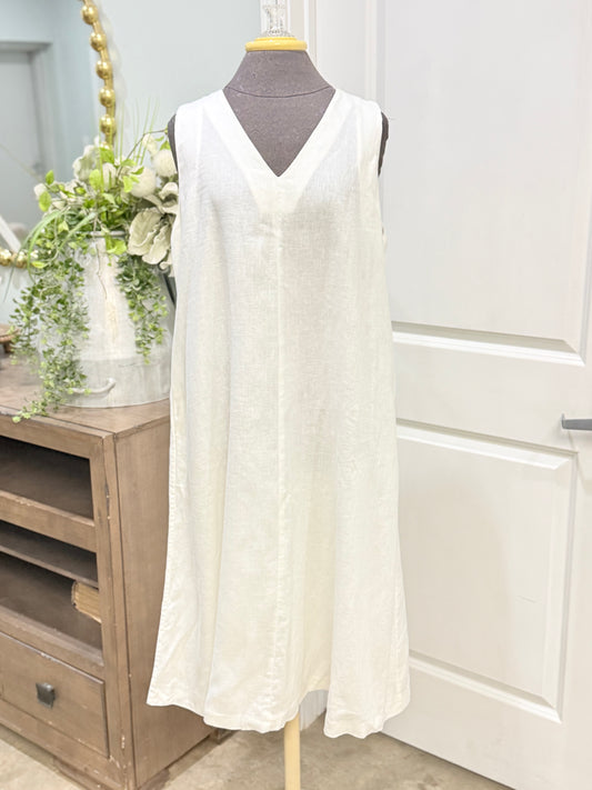 Womens White 100% Linen Dress Large EUC