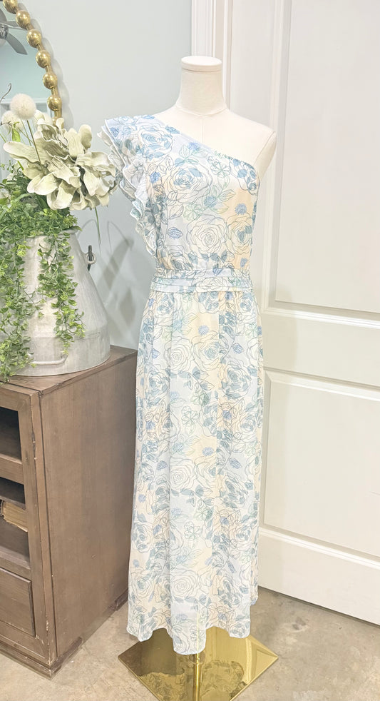 Womens Blue Floral Smocked One Shoulder Dress Large NWT