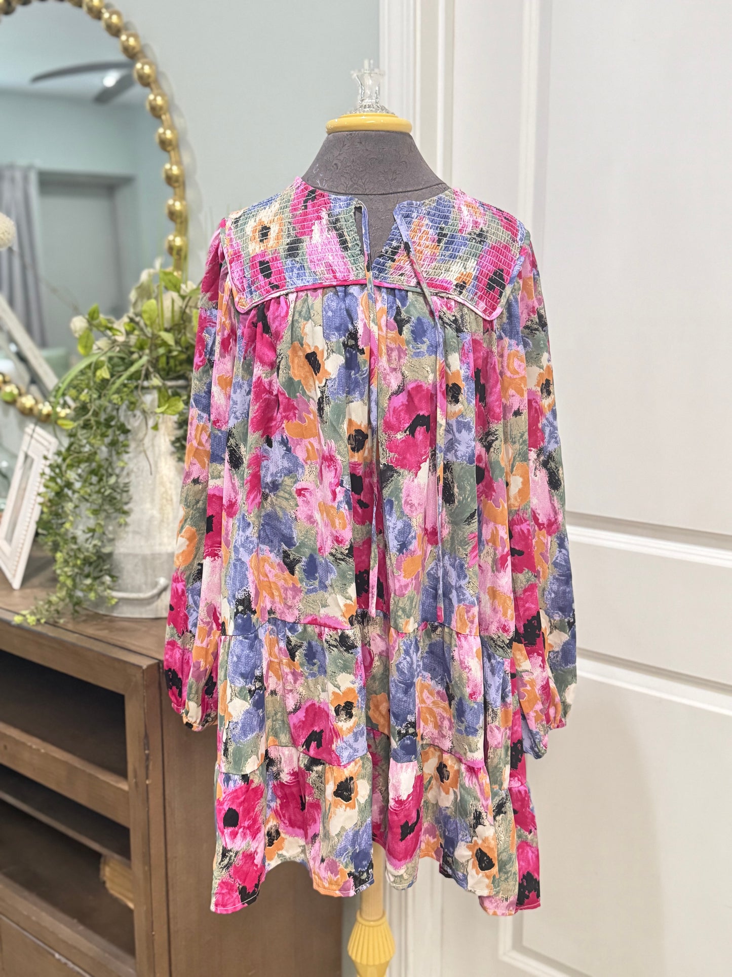Womens Floral Smocked Dress Large EUC