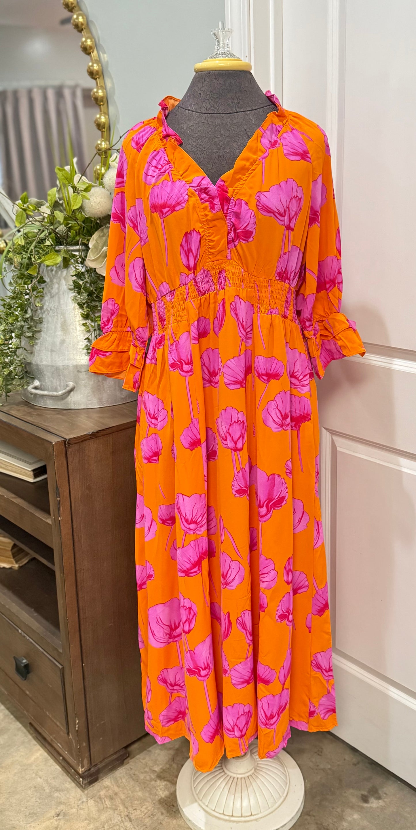 Womens Floral Frilly Orange Smocked Dress Med-XL NEW