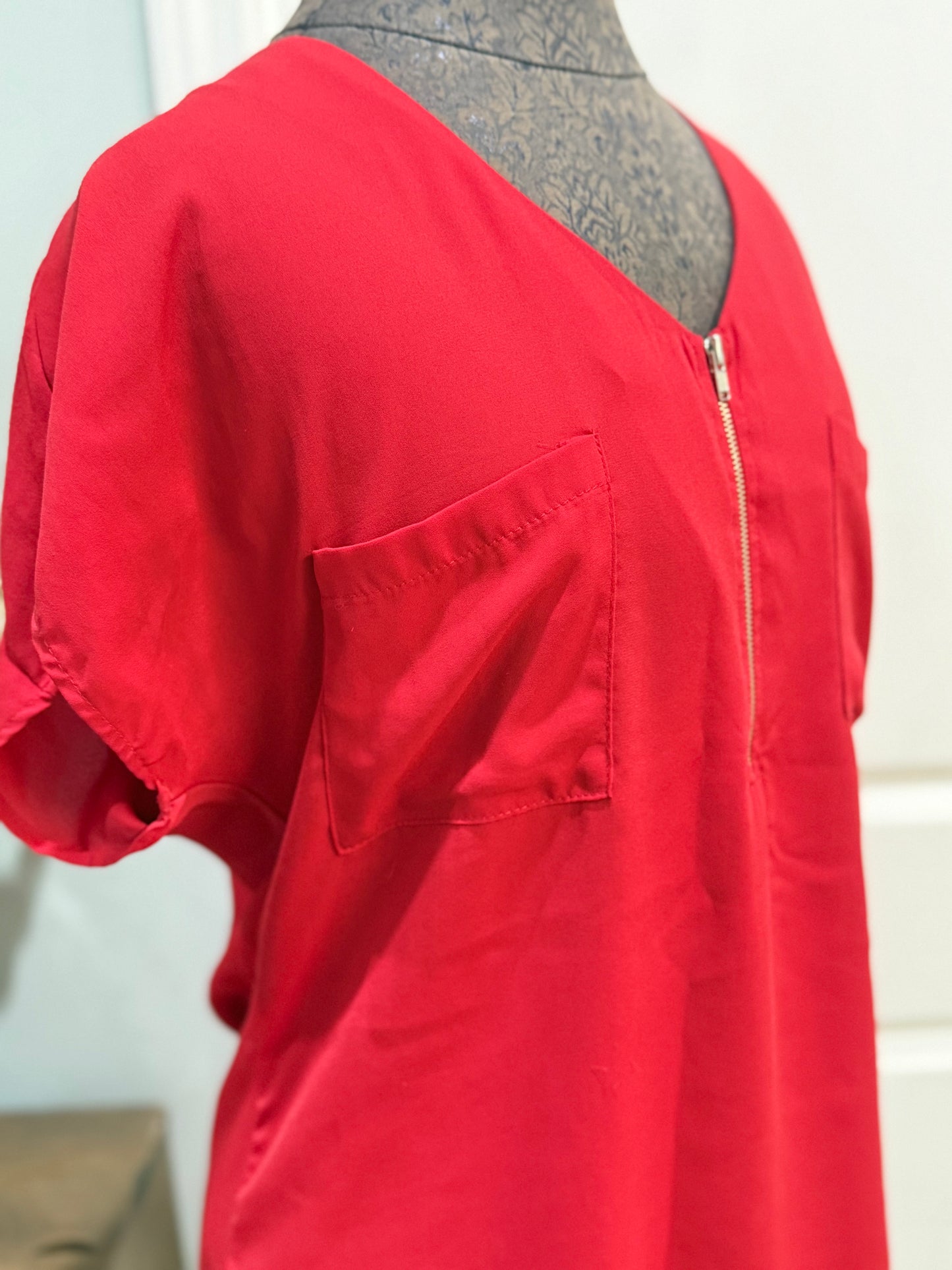 Womens Red Front Zip Carmela Blouse Large