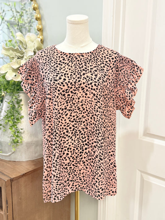 Womens Leopard Smocked Sleeve Blouse Large