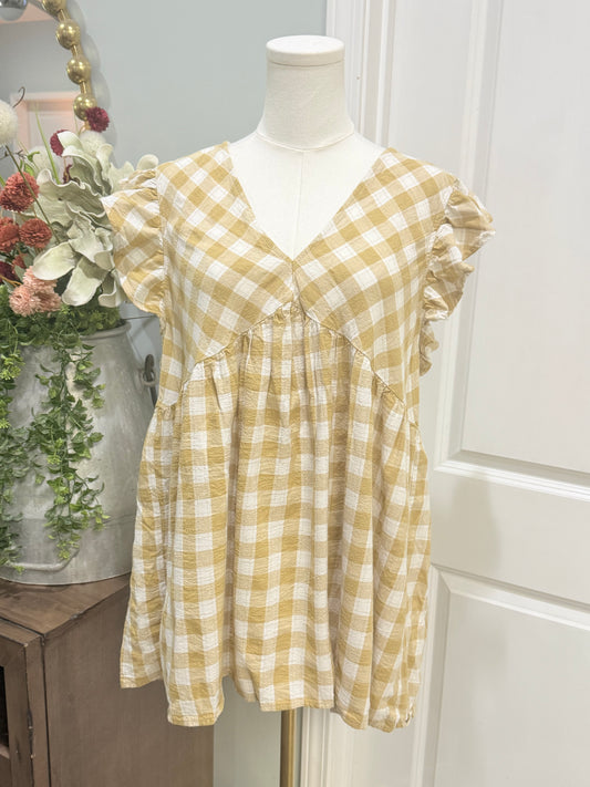 Womens Yellow Checkered Peplum Blouse 1X EUC