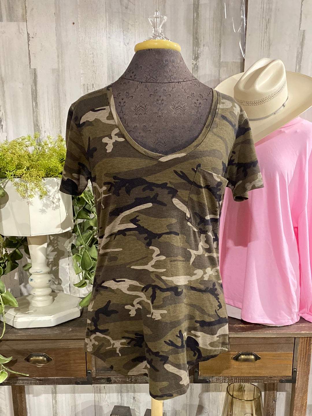 Womens Another Love Camo Vneck Top Small