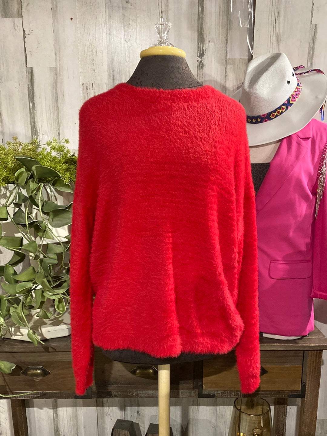 Womens Red Fuzzy Sweater Medium Test