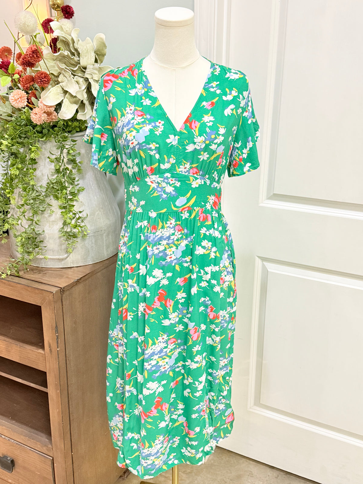 Womens Loft Green Floral Midi Dress 4 Petite EUC