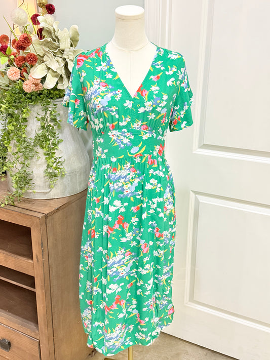 Womens Loft Green Floral Midi Dress 4 Petite EUC