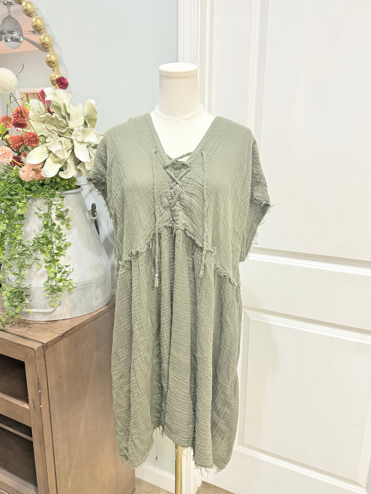 Womens Green Cotton Gauze Dress 2X  EUC