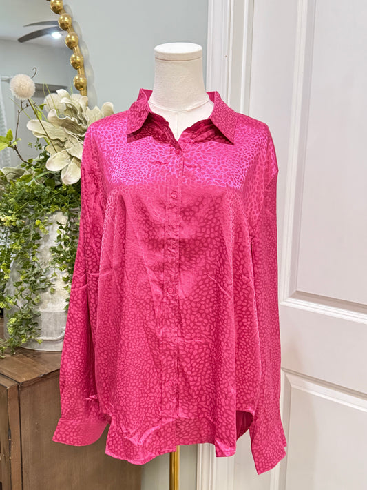Womens Pink Satin Button Down Blouse XL EUC
