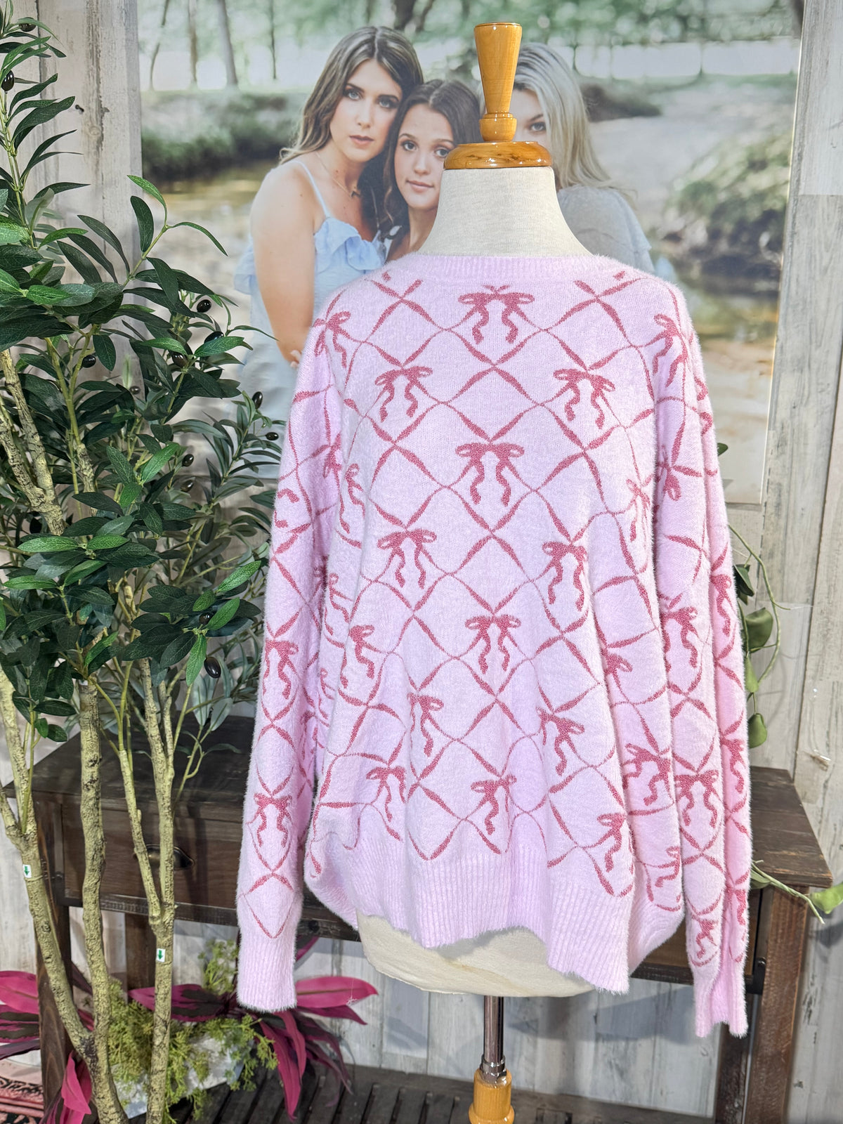 Womens Fantastic Fawn Pink Bow Fuzzy Sweater Large EUC