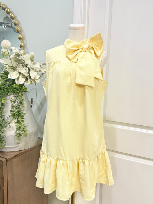 Womens Yellow Bow Knee Length Dress Large EUC