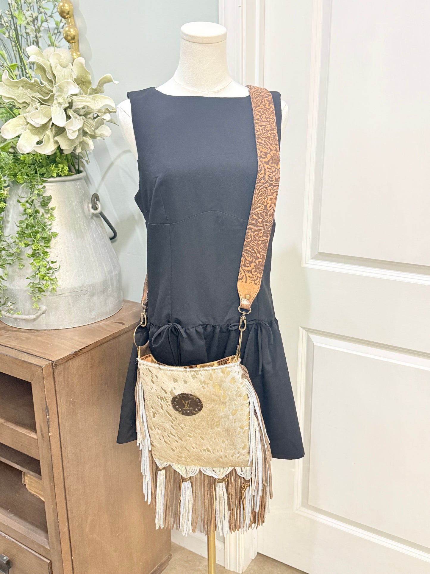 Keep It Gypsy Leather Leopard Print Upcycled Purse - Fur On Fringe Crossbody Tan