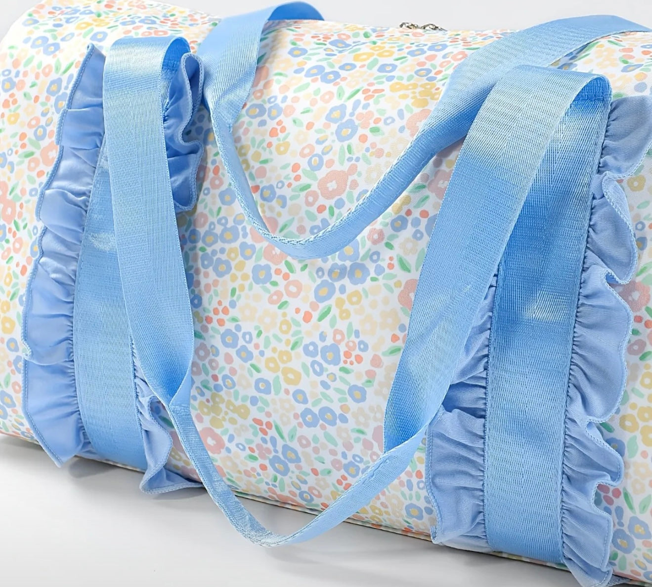 BLUE Chic Floral Overnight Duffle Bag with Ruffle Trim