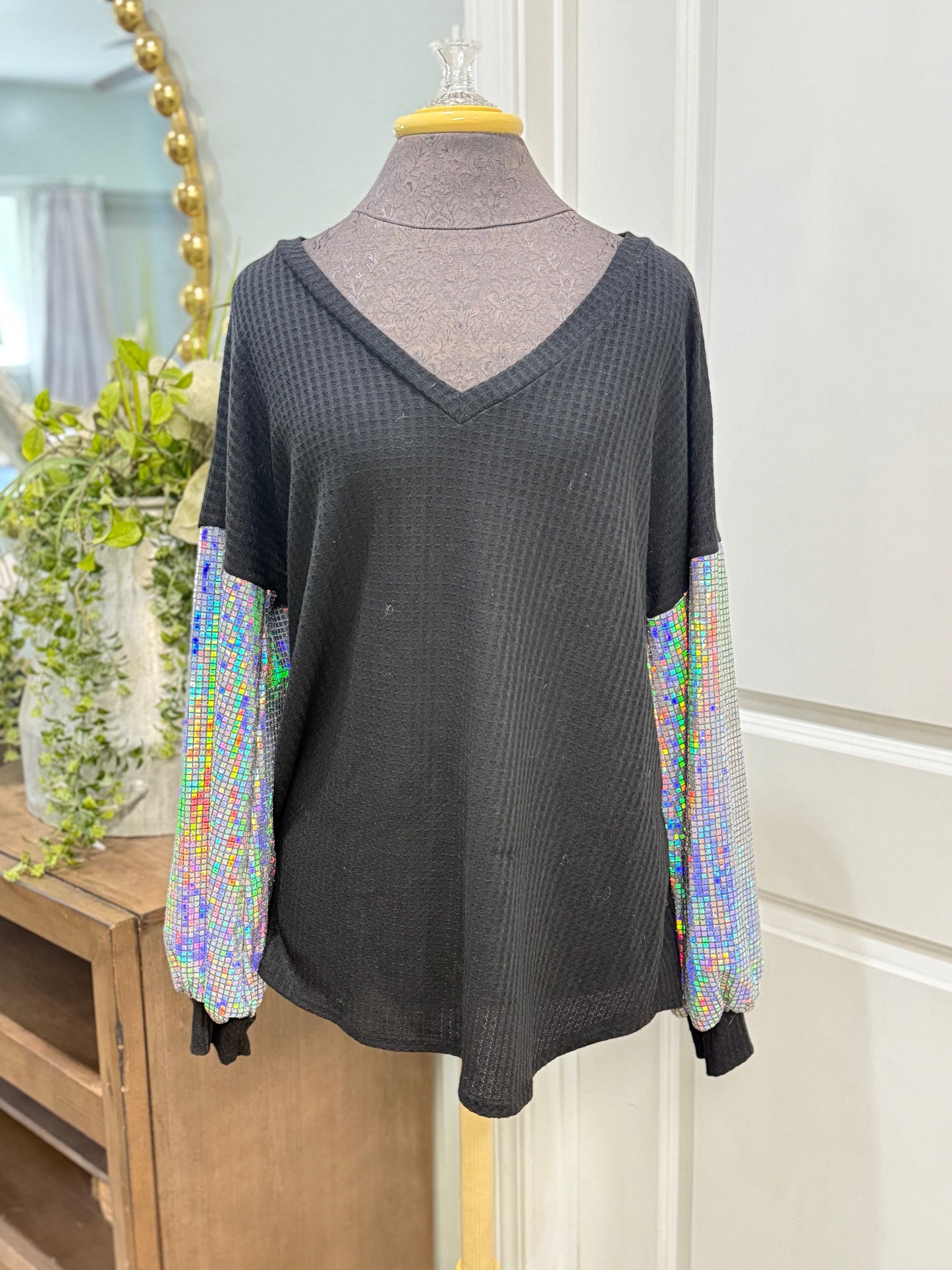 Womens BiBi Sequin Sleeve Blouse Large