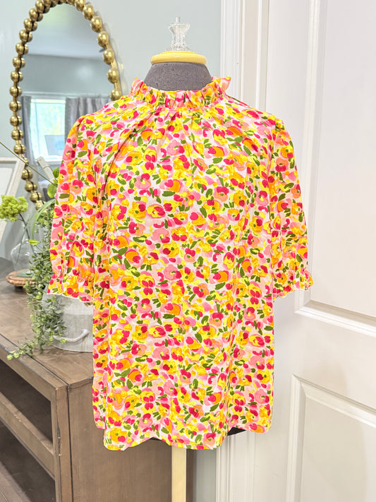 Womens Floral Puff Sleeve blouse Medium EUC