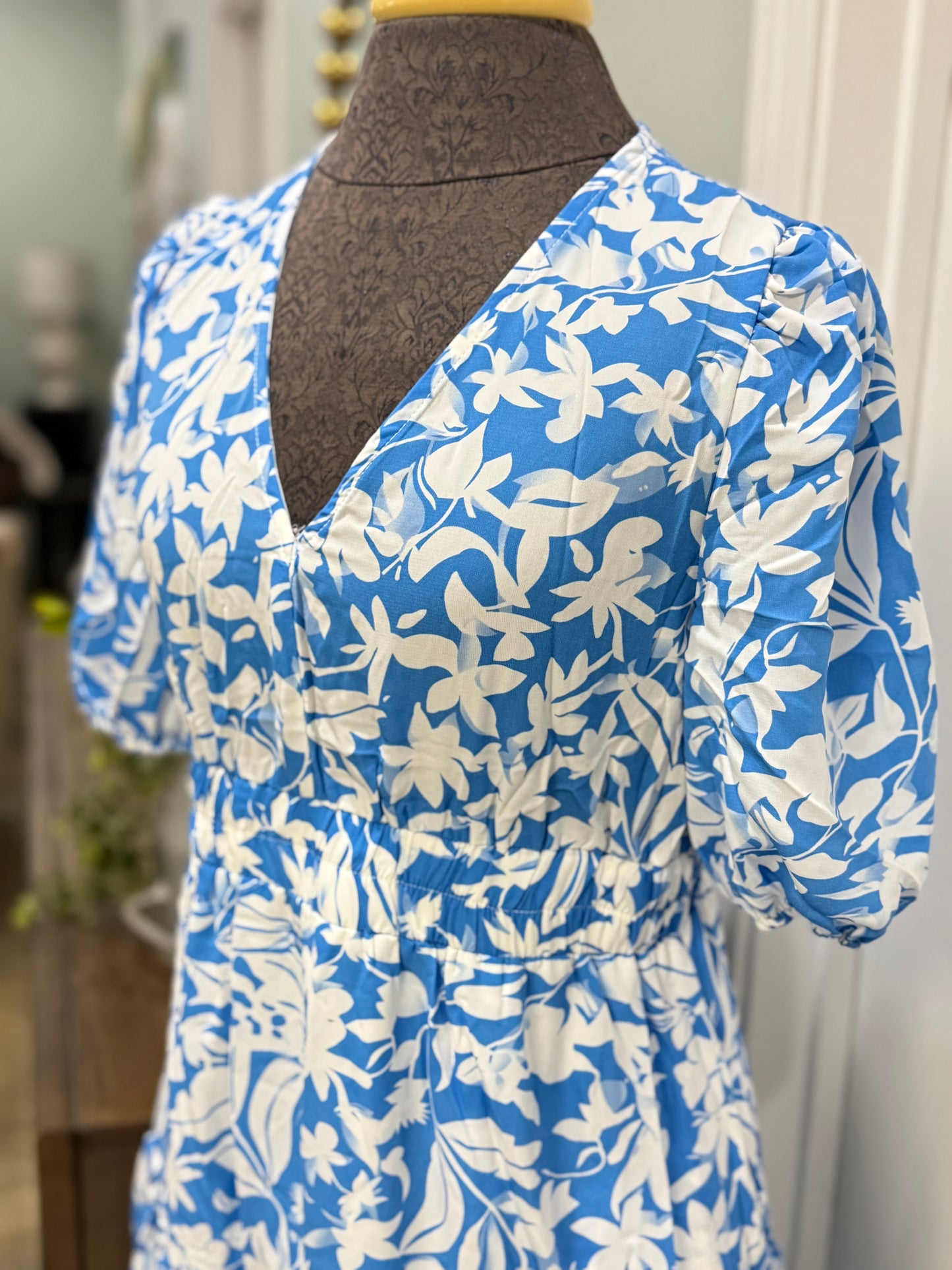 Womens Blue Floral Puff Sleeve Dress Small & Medium NEW