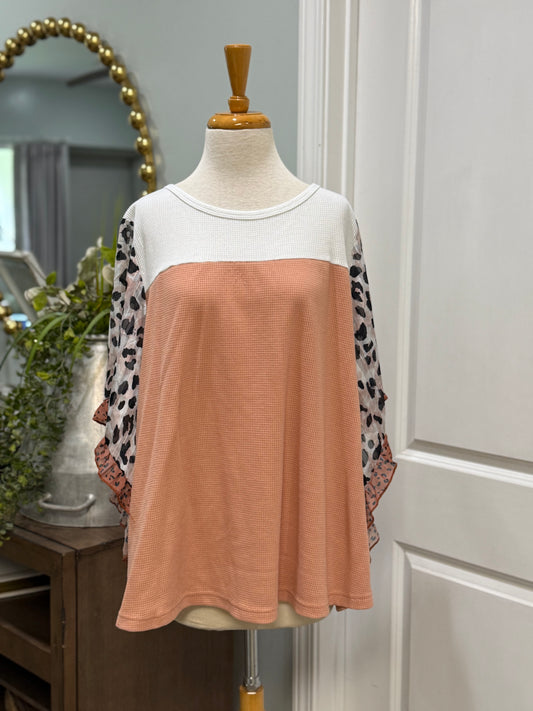 Womens Leopard Ruffle Sleeve Blouse Size 2X