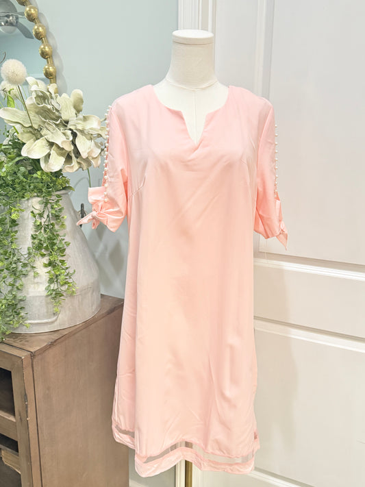 Womens Pearl Sleeve Pink Dress Large EUC