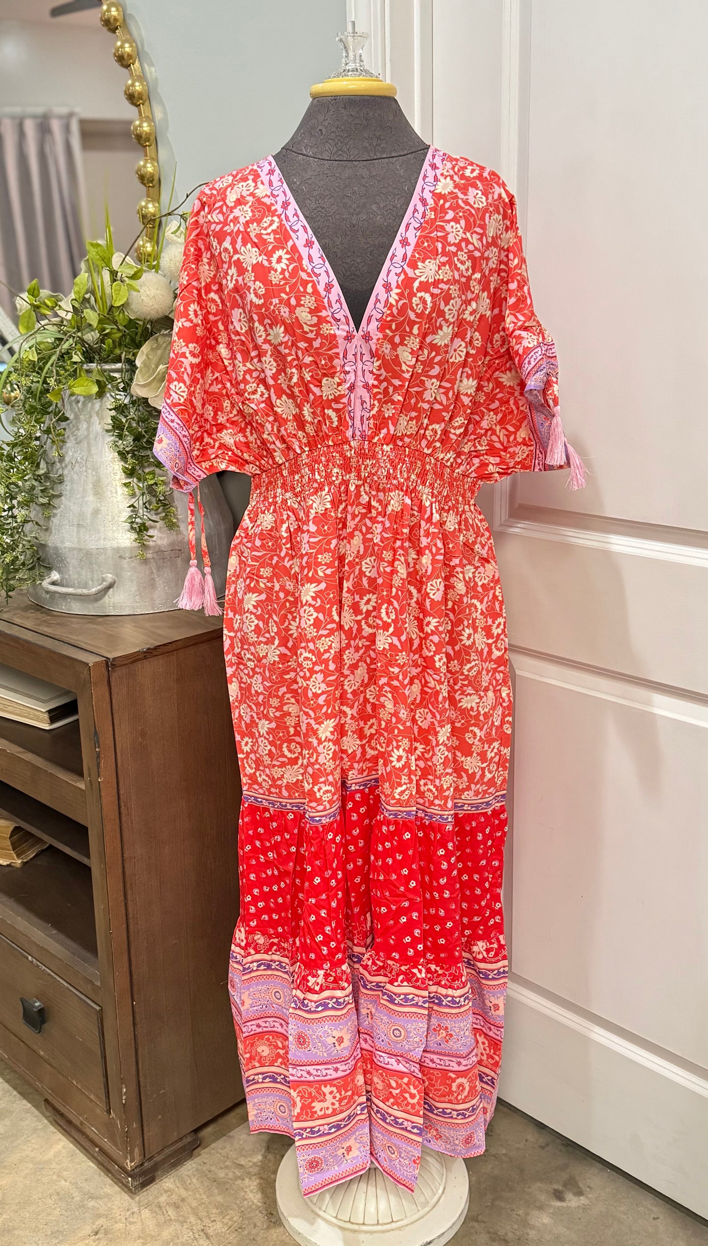 Womens Red Floral Tasseled Tied Sleeve Empire Waist Maxi Dress M-XL NE