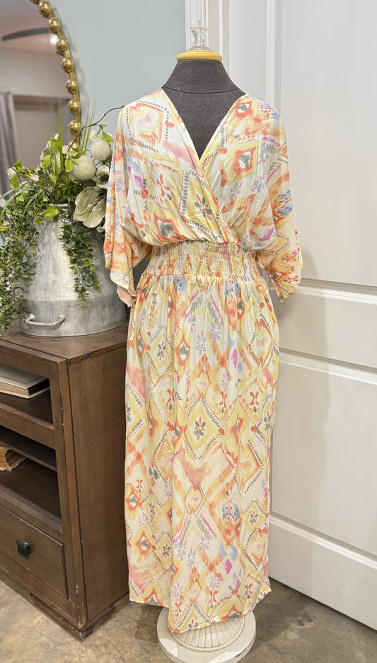 Womens Geometric Print Half Sleeve Shirred High Waist Maxi Dress M-XL