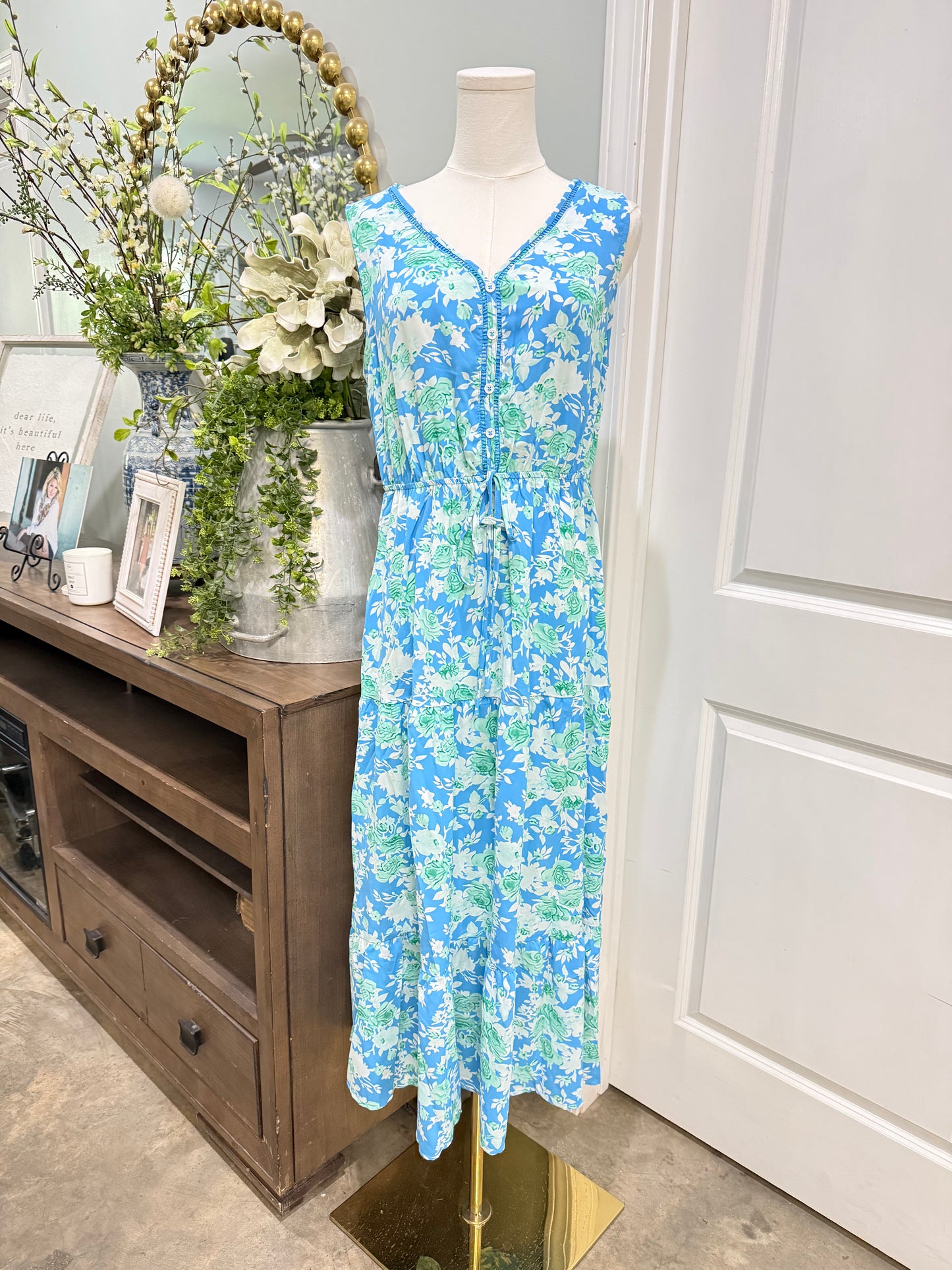 Womens Green & Blue Floral Maxi Dress Large EUC