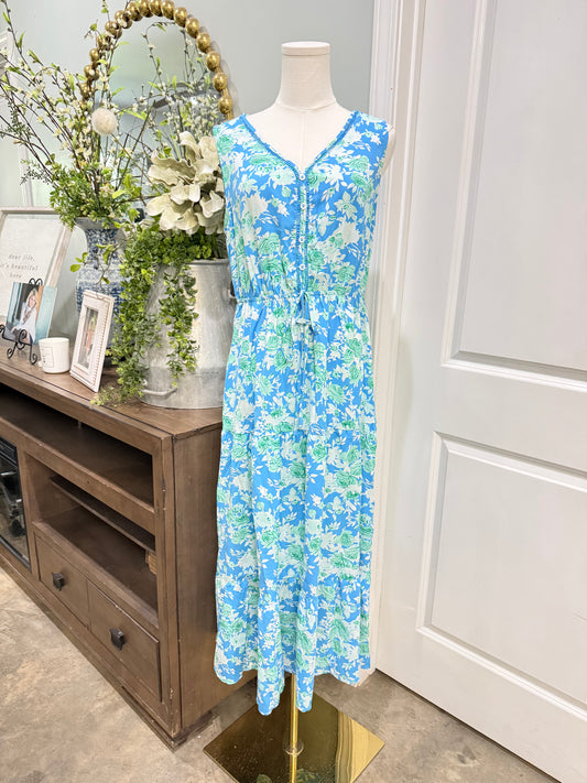 Womens Green & Blue Floral Maxi Dress Large EUC