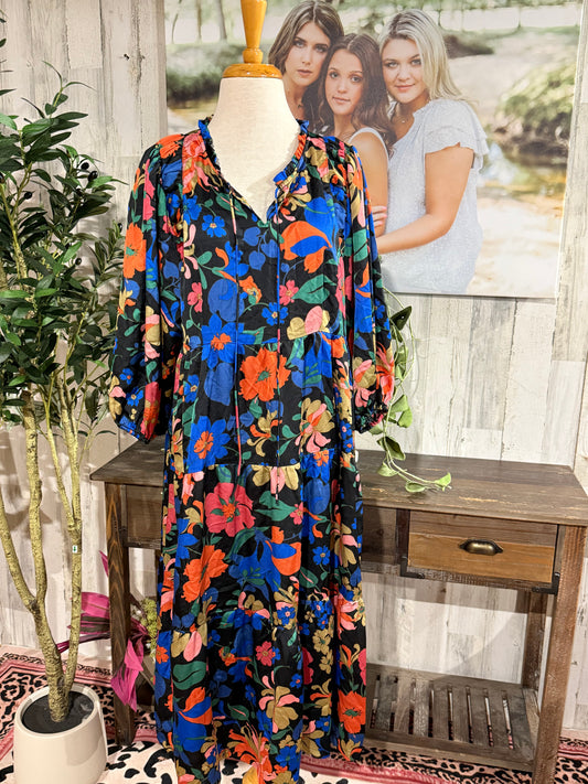 Womens Umgee Black Floral Maxi Dress Large EUC