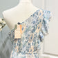 Womens Blue Floral Smocked One Shoulder Dress Large NWT