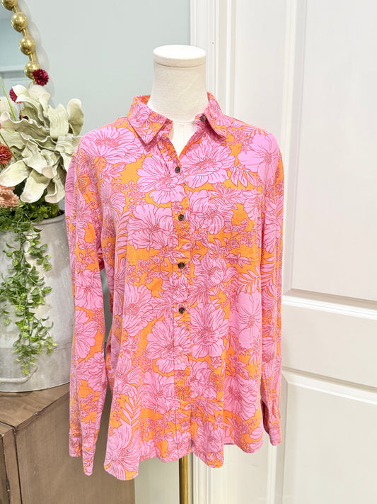 Womens Pink & Orange Floral Button Down Small EUC