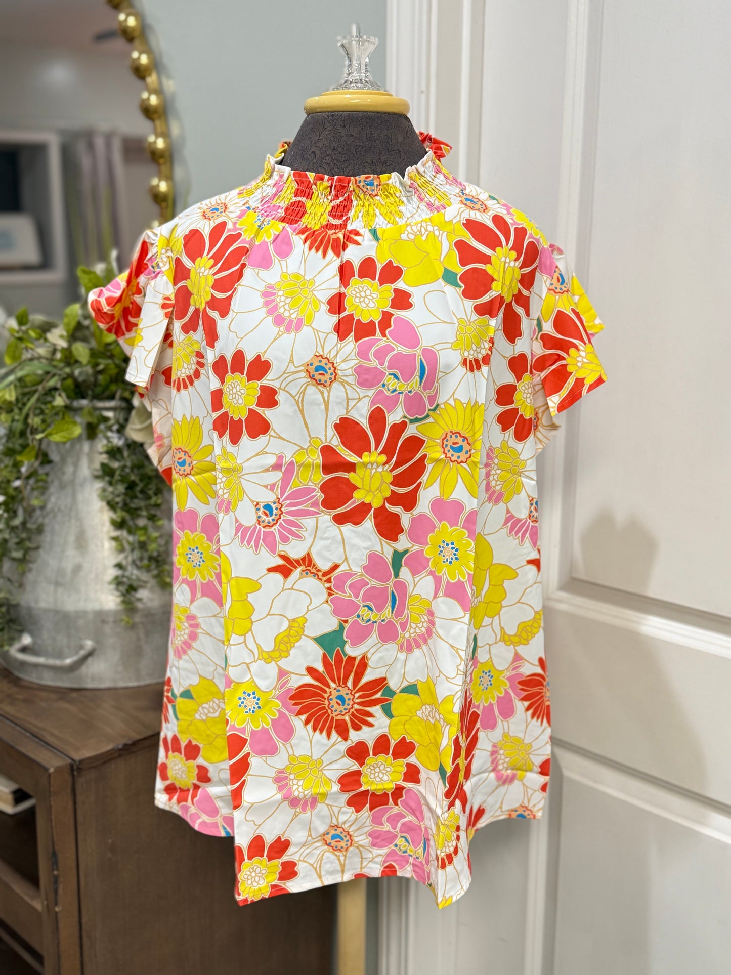 Womens Smocked Collar Flutter Sleeve Blouse Small-XL