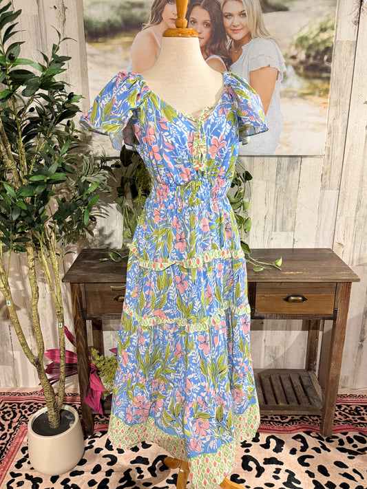 Womens Umgee Flutter Sleeve Maxi Dress Large NWT