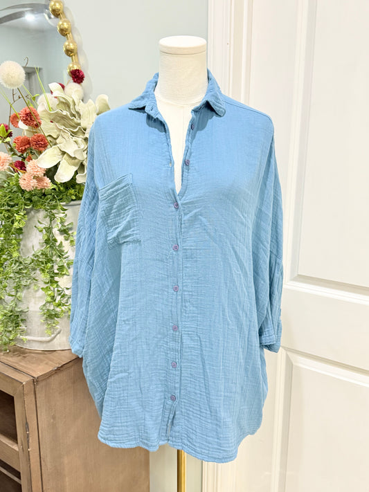 Womens Stark X Blue Cotton Gauze Blouse EUC