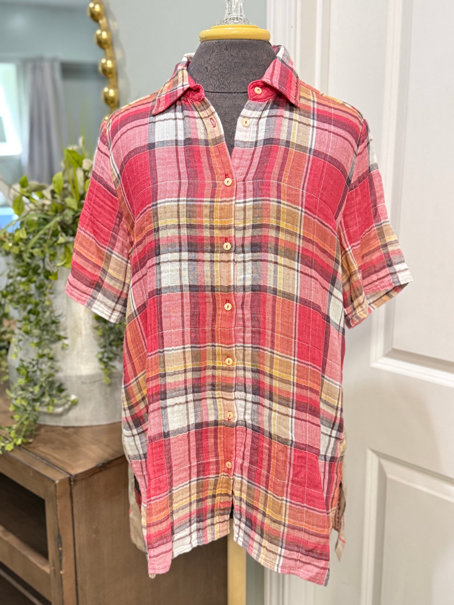 Womens Johnny Was Short Sleeve Flannel Tunic Small EUC